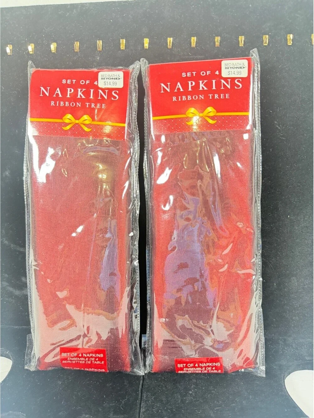 Lot of 2 Ribbon Tree Napkin Sets (8 Total) Red Holiday Table Linens F4